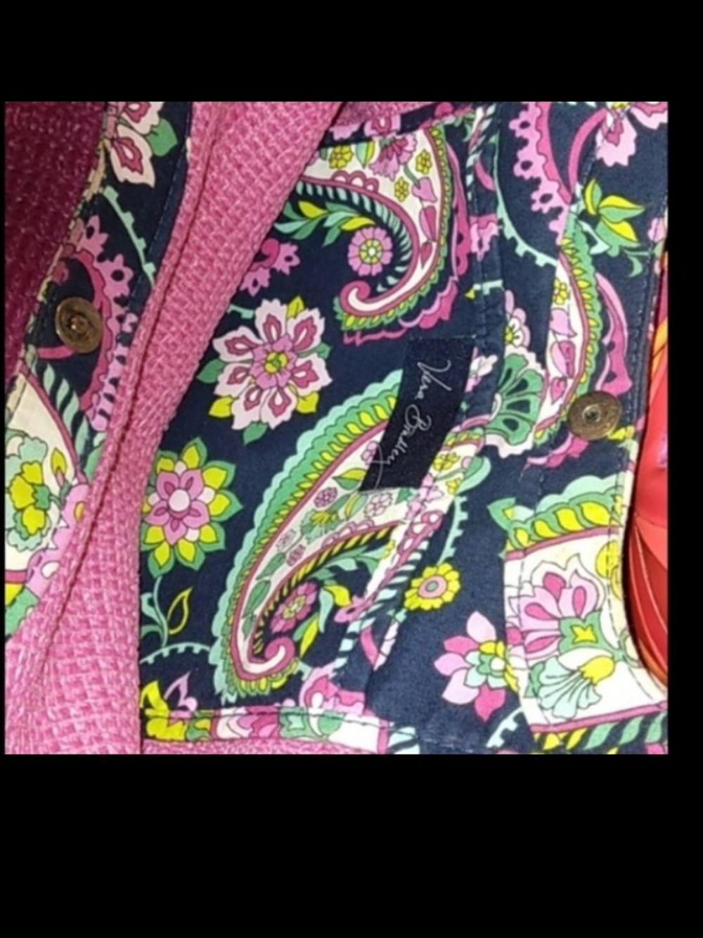 Vera Bradley Large Pink Woven Tote with Navy Handles and Patterned Trim - Picture 4 of 9
